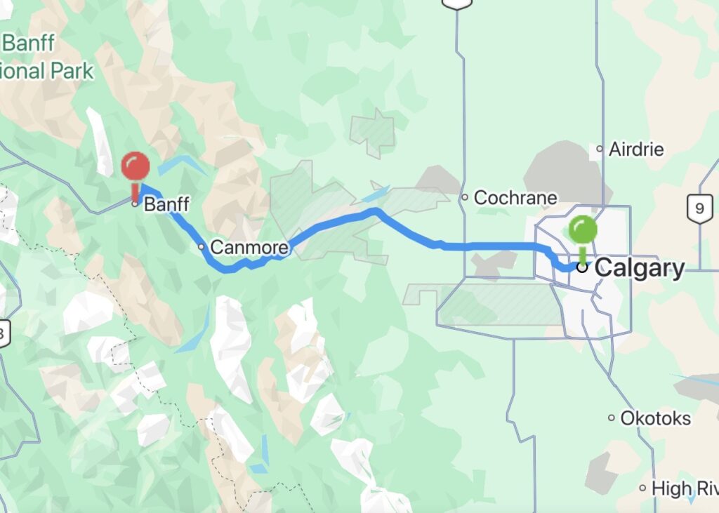 Calgary to Banff Carpool map route