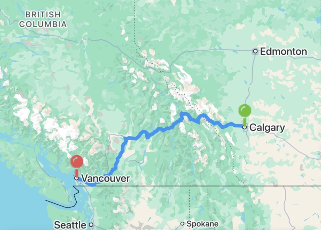 Calgary to Vancouver Carpool map route