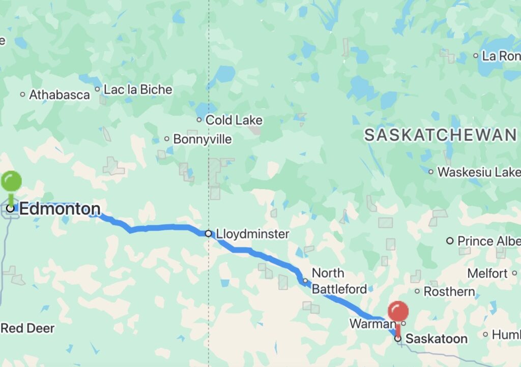 Edmonton to Saskatoon Carpool map route