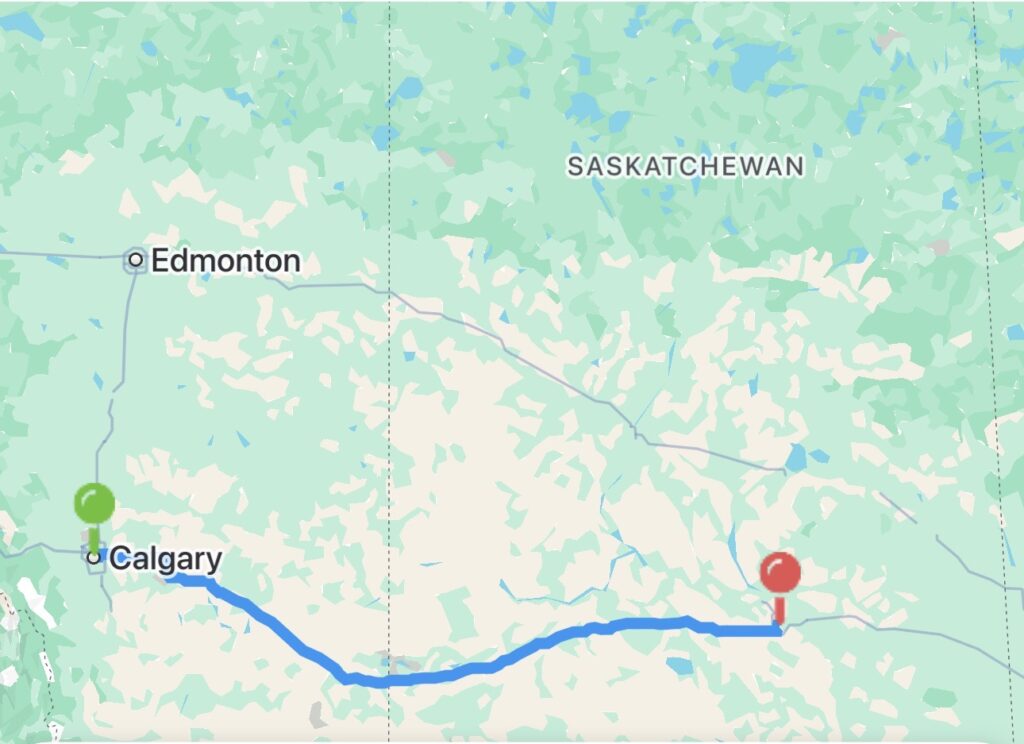 Calgary to Regina Carpool map route