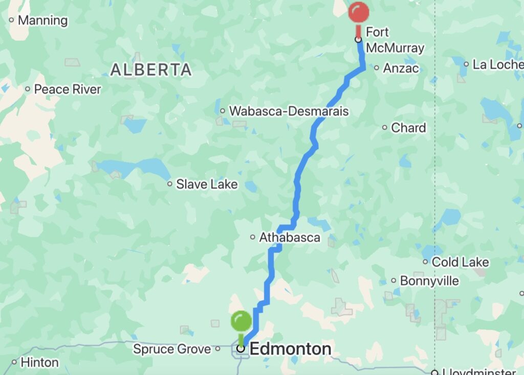 Edmonton to Fort McMurray Carpool map route