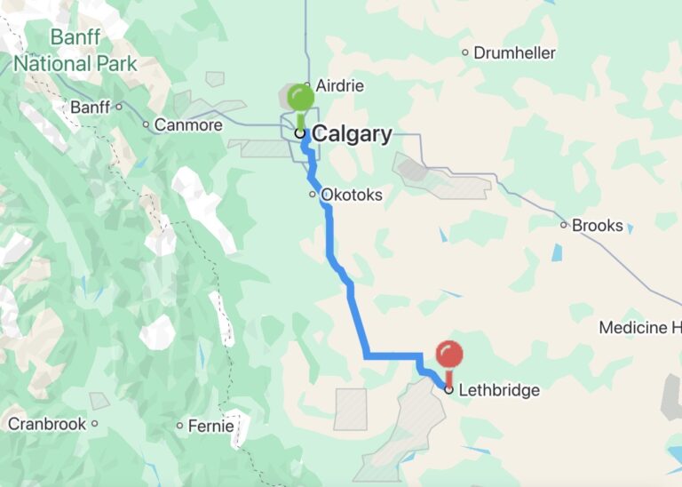 Calgary to Lethbridge Carpool map route